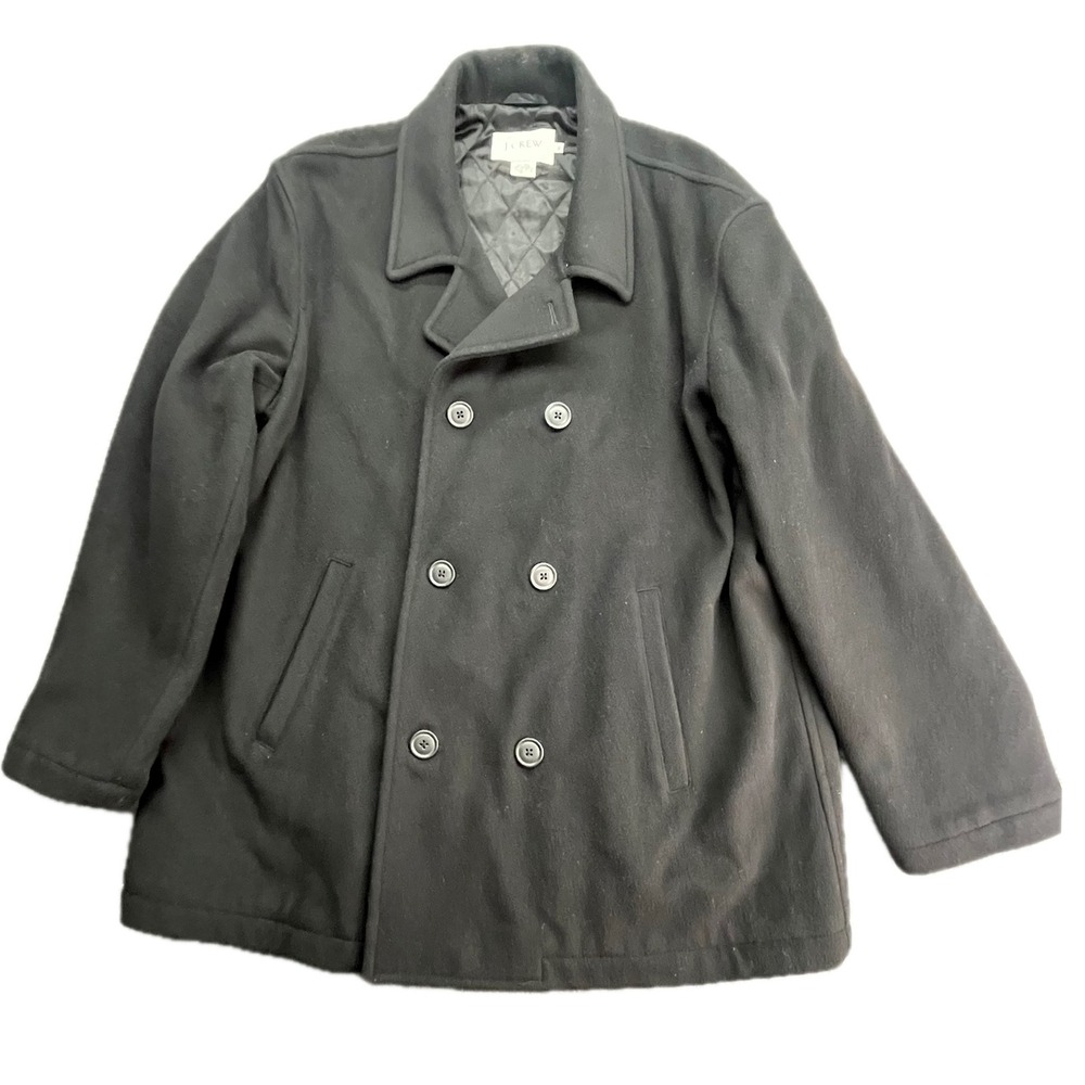J. Crew Mens Black Double Breasted Wool Blend Peacoat Jacket XL Quilted Lined